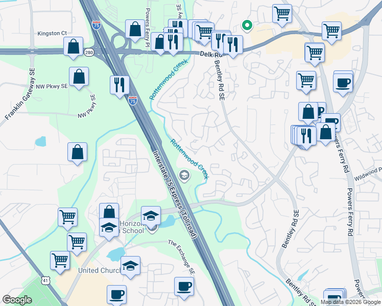 map of restaurants, bars, coffee shops, grocery stores, and more near 2732 Suwanee Way in Marietta