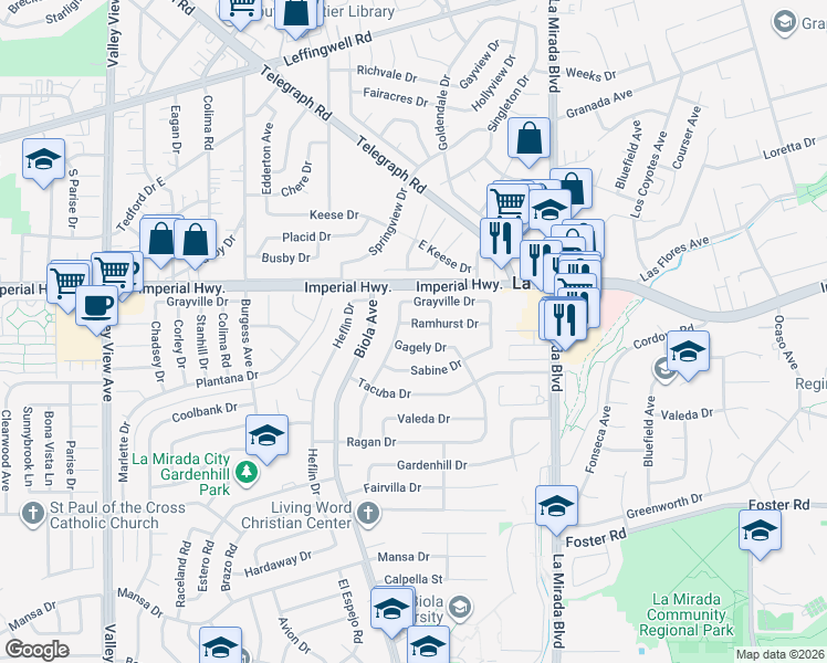 map of restaurants, bars, coffee shops, grocery stores, and more near 14732 Gagely Drive in La Mirada