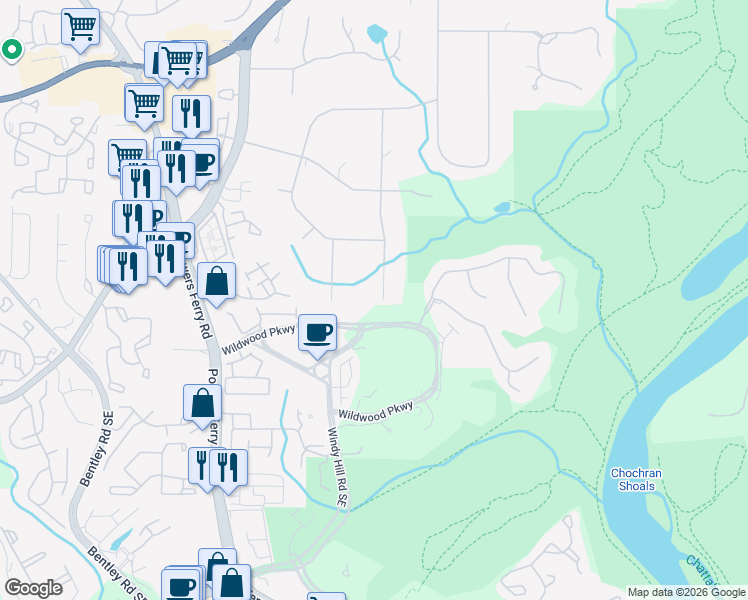 map of restaurants, bars, coffee shops, grocery stores, and more near 1490 Pebble Creek Road Southeast in Marietta