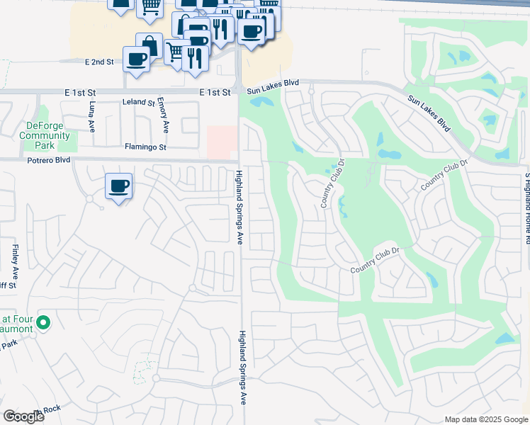 map of restaurants, bars, coffee shops, grocery stores, and more near 6240 Firestone Circle in Banning