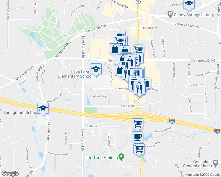 map of restaurants, bars, coffee shops, grocery stores, and more near Sandy Springs Circle in Atlanta