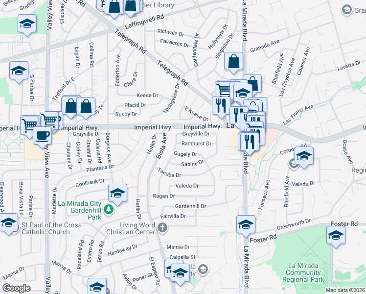 map of restaurants, bars, coffee shops, grocery stores, and more near 14732 Gagely Drive in La Mirada