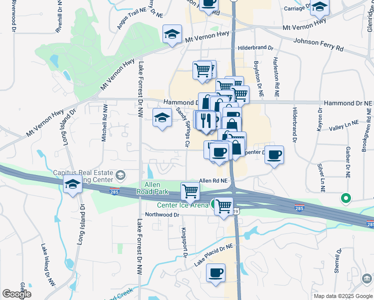 map of restaurants, bars, coffee shops, grocery stores, and more near Cliftwood Drive Northeast in Sandy Springs