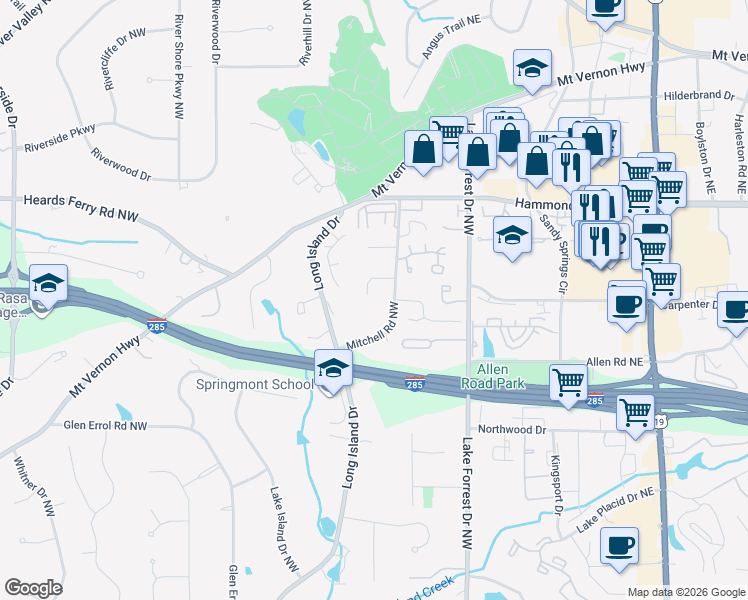 map of restaurants, bars, coffee shops, grocery stores, and more near 5800 Mitchell Road Northwest in Sandy Springs