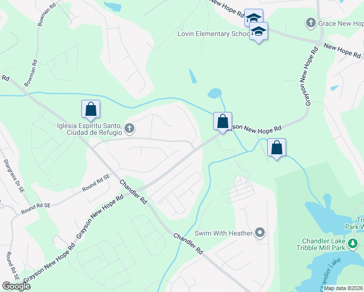 map of restaurants, bars, coffee shops, grocery stores, and more near 1425 Snow Hill Drive in Lawrenceville