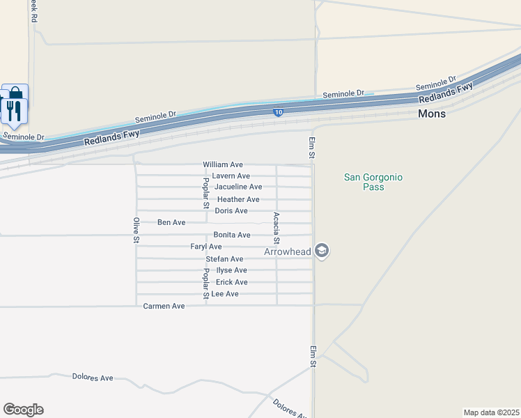 map of restaurants, bars, coffee shops, grocery stores, and more near Doris Avenue in Cabazon