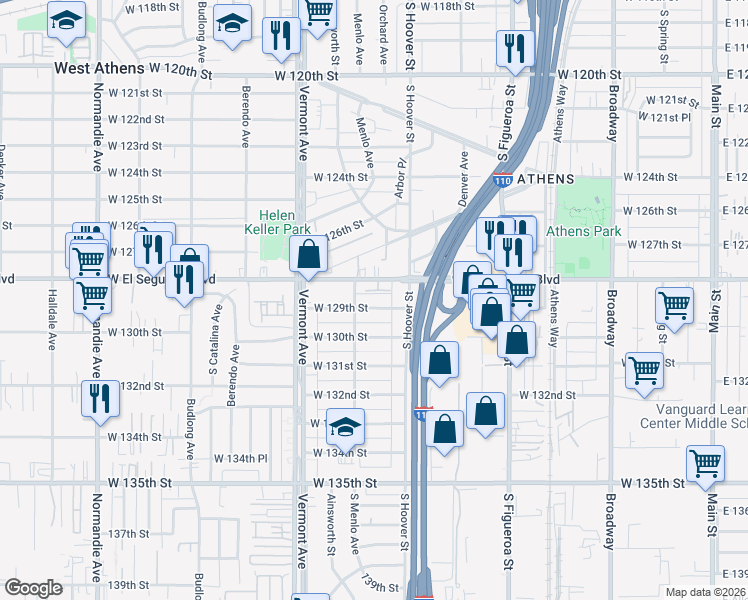 map of restaurants, bars, coffee shops, grocery stores, and more near 742 West 129th Street in Gardena