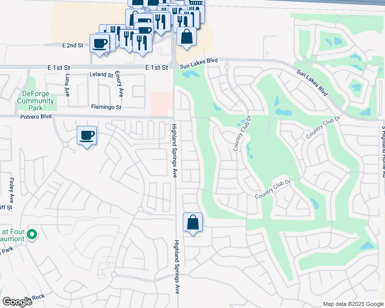 map of restaurants, bars, coffee shops, grocery stores, and more near 6240 Firestone Circle in Banning