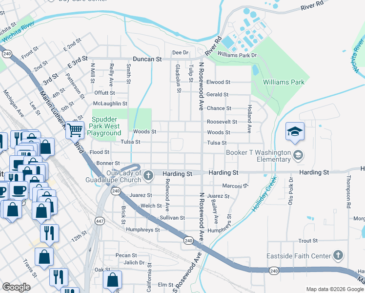 map of restaurants, bars, coffee shops, grocery stores, and more near 611 Flood Street in Wichita Falls