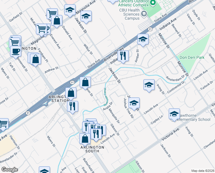 map of restaurants, bars, coffee shops, grocery stores, and more near Connolly Lane in Riverside