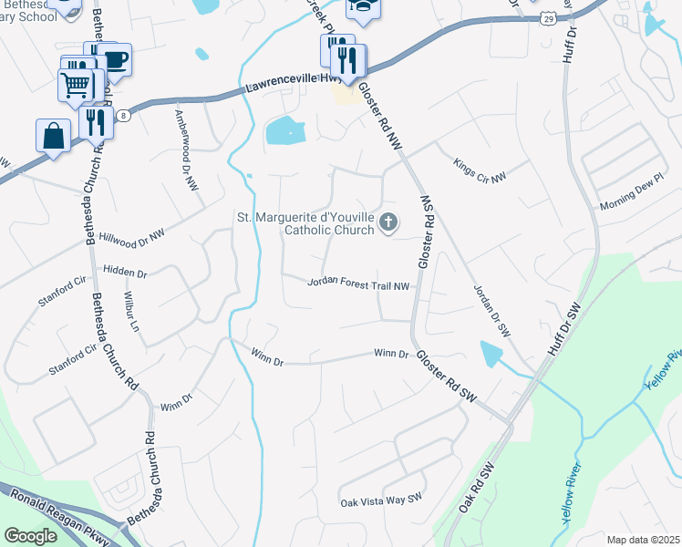 map of restaurants, bars, coffee shops, grocery stores, and more near 2862 Jordan Forest Trail Northwest in Lawrenceville
