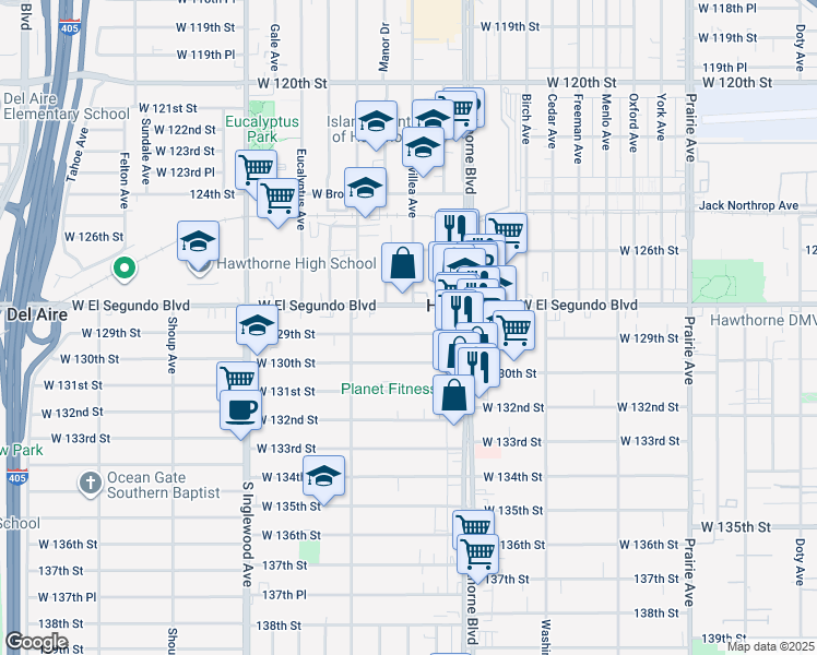 map of restaurants, bars, coffee shops, grocery stores, and more near 4501 West 129th Street in Hawthorne