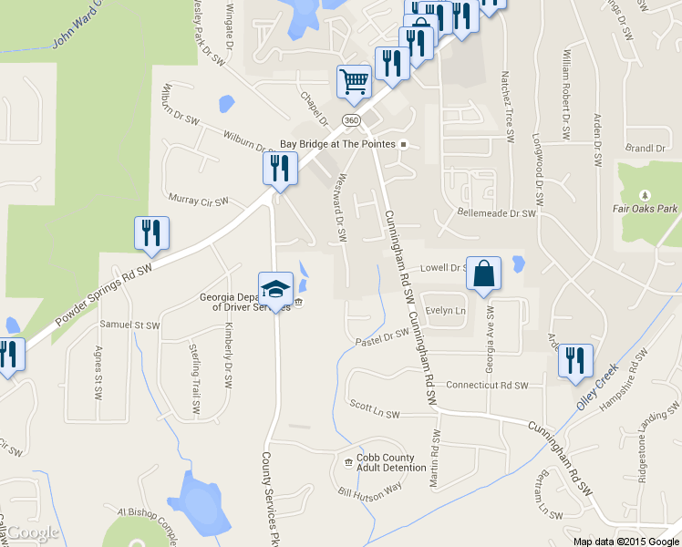 map of restaurants, bars, coffee shops, grocery stores, and more near 1398 Westward Drive Southwest in Marietta