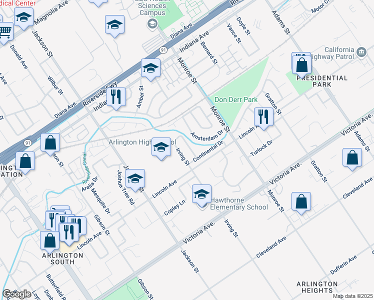 map of restaurants, bars, coffee shops, grocery stores, and more near 2972 Quebec Drive in Riverside