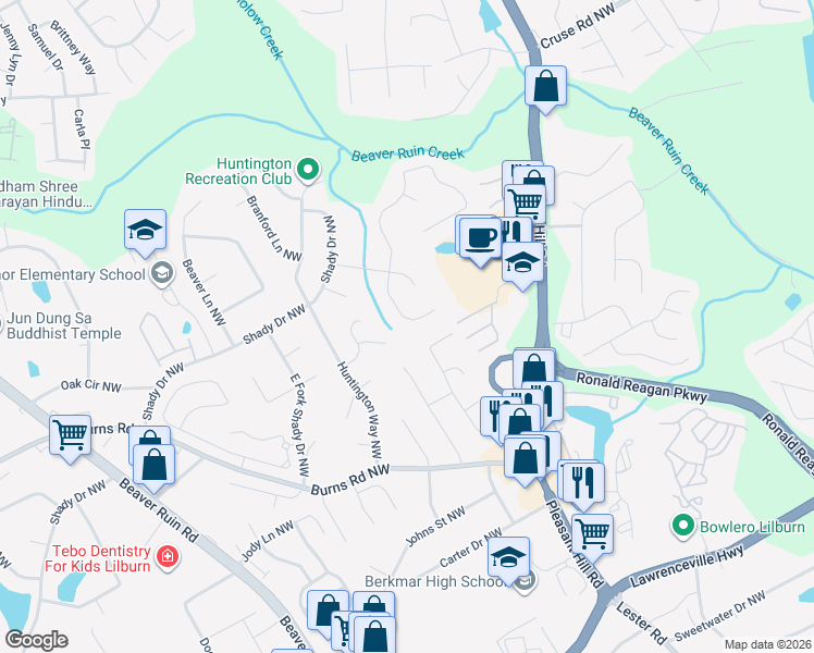 map of restaurants, bars, coffee shops, grocery stores, and more near 718 Saybrook Circle Northwest in Lilburn