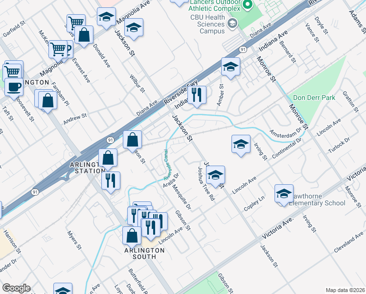 map of restaurants, bars, coffee shops, grocery stores, and more near Connolly Lane in Riverside
