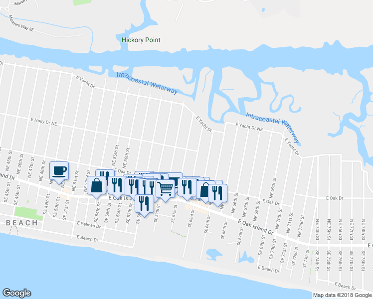 map of restaurants, bars, coffee shops, grocery stores, and more near 298 Northeast 61st Street in Oak Island