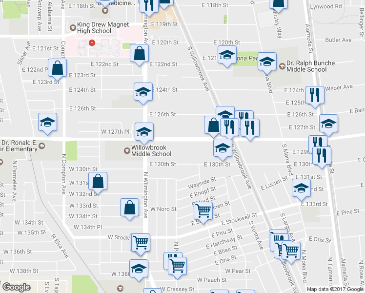 map of restaurants, bars, coffee shops, grocery stores, and more near 2042 East El Segundo Boulevard in Compton