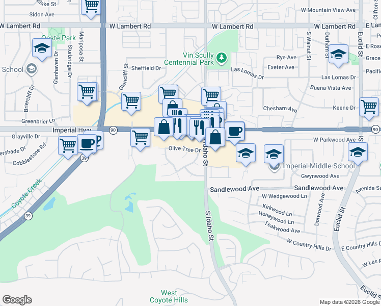 map of restaurants, bars, coffee shops, grocery stores, and more near 1200 Maple Tree Court in La Habra