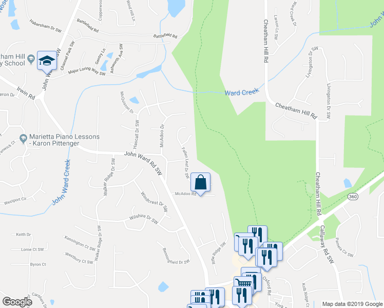 map of restaurants, bars, coffee shops, grocery stores, and more near 1523 Fallen Leaf Drive Southwest in Marietta