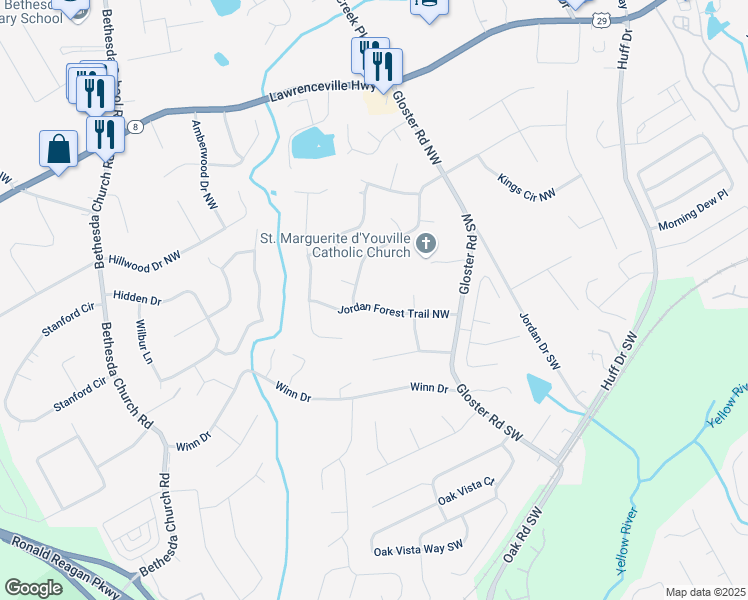 map of restaurants, bars, coffee shops, grocery stores, and more near 2863 Jordan Forest Trail Northwest in Lawrenceville