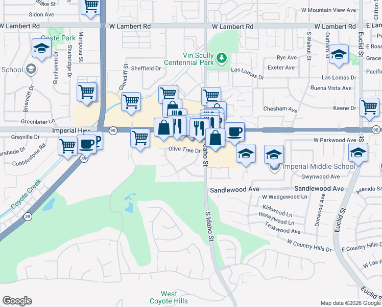 map of restaurants, bars, coffee shops, grocery stores, and more near 1200 Maple Tree Court in La Habra