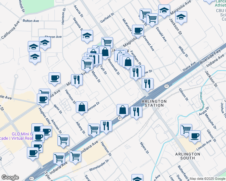 map of restaurants, bars, coffee shops, grocery stores, and more near 3591 Myers Street in Riverside