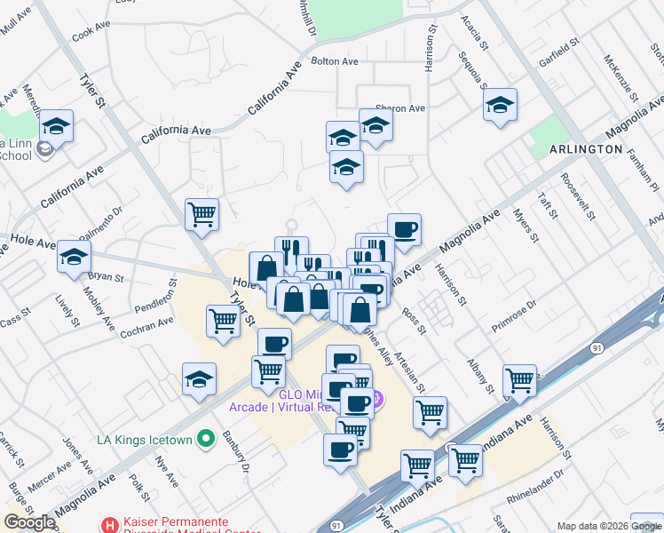 map of restaurants, bars, coffee shops, grocery stores, and more near 10127 Hole Avenue in Riverside