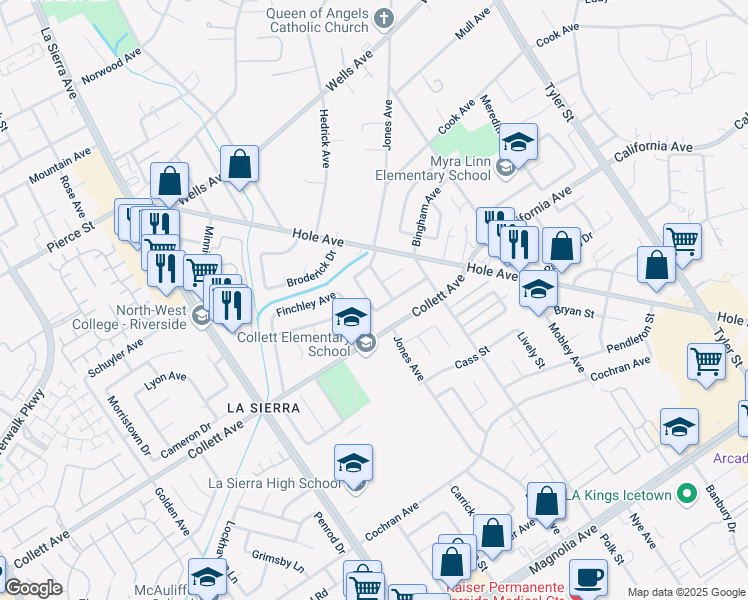 map of restaurants, bars, coffee shops, grocery stores, and more near 4377 Newby Drive in Riverside