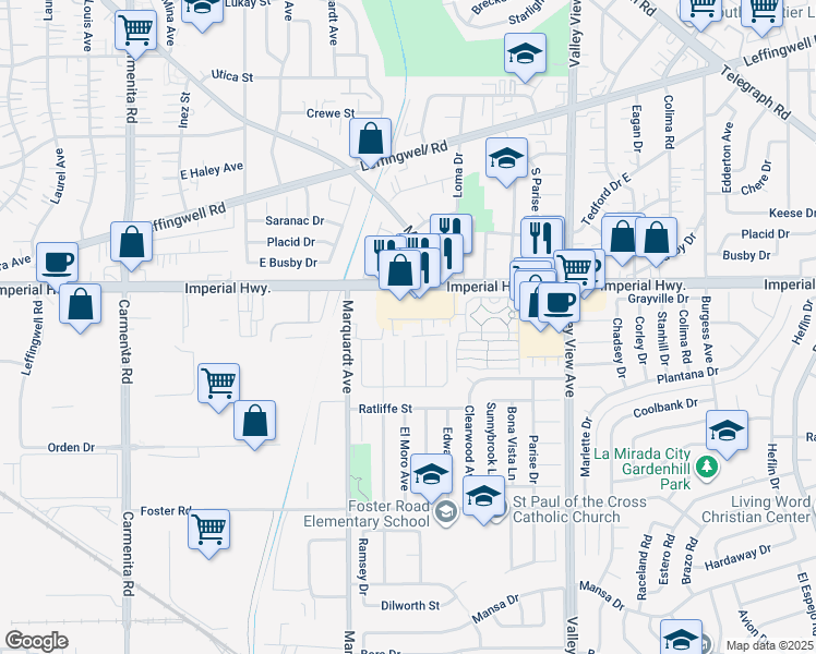 map of restaurants, bars, coffee shops, grocery stores, and more near 12807 Woodridge Avenue in La Mirada