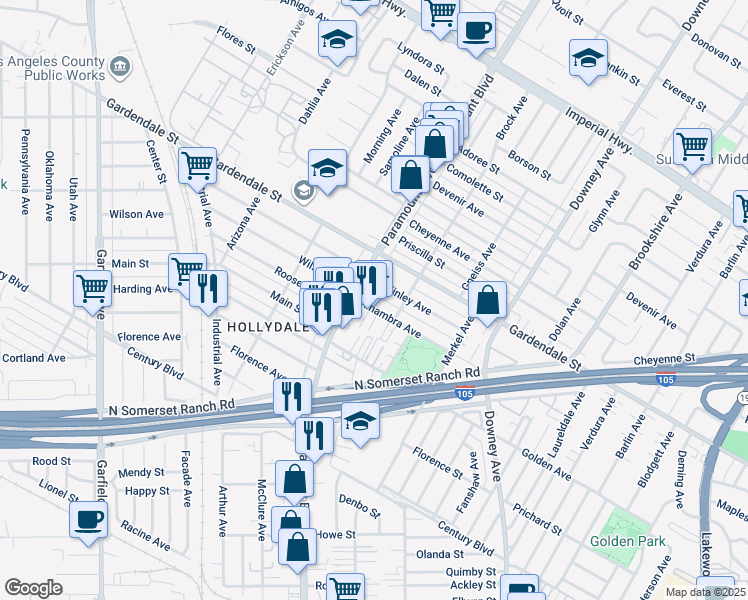 map of restaurants, bars, coffee shops, grocery stores, and more near 8052 Alhambra Avenue in Paramount