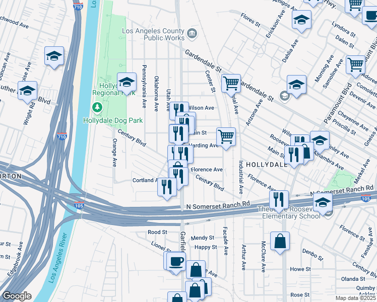 map of restaurants, bars, coffee shops, grocery stores, and more near 12300 Garfield Avenue in South Gate
