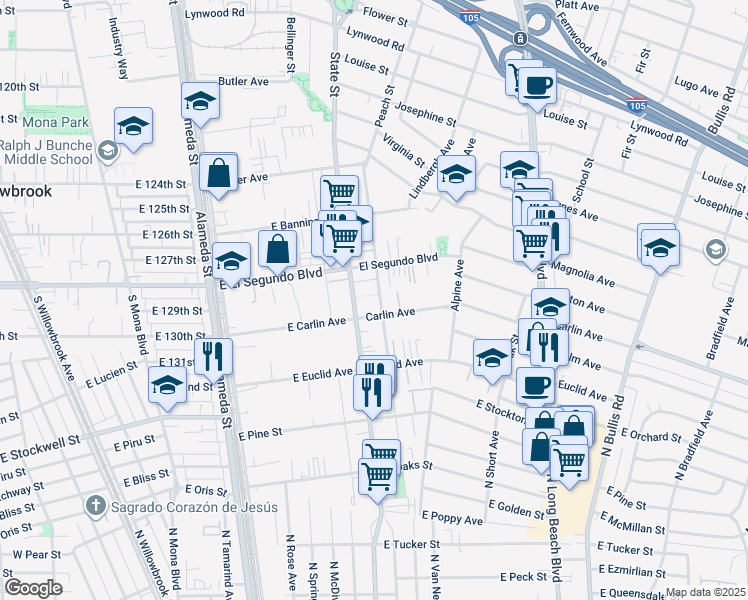 map of restaurants, bars, coffee shops, grocery stores, and more near 3118 Carlin Avenue in Lynwood