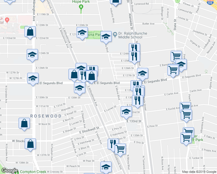 map of restaurants, bars, coffee shops, grocery stores, and more near 2345 East 130th Street in Compton