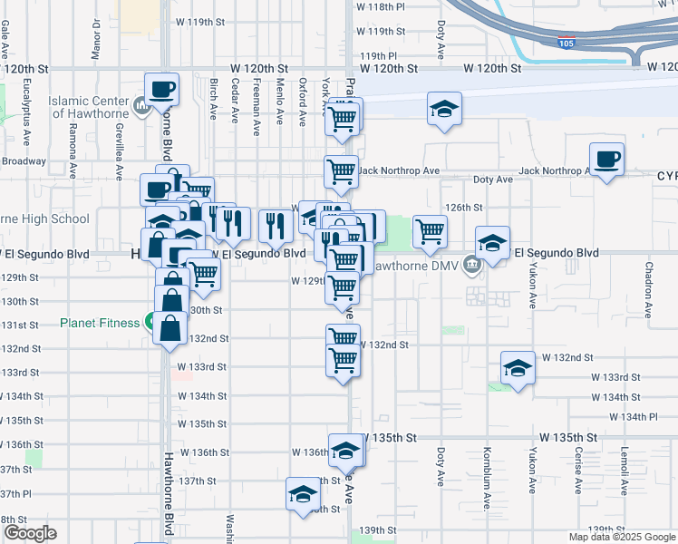 map of restaurants, bars, coffee shops, grocery stores, and more near 12921 Prairie Avenue in Hawthorne
