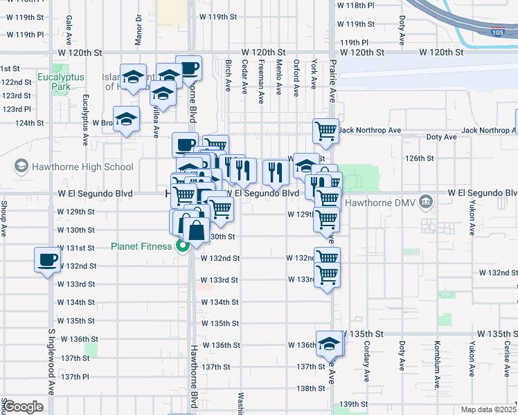 map of restaurants, bars, coffee shops, grocery stores, and more near 4218 West 129th Street in Hawthorne