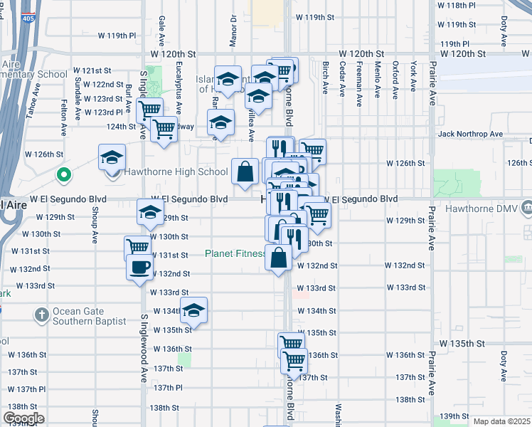 map of restaurants, bars, coffee shops, grocery stores, and more near 4471 West 130th Street in Hawthorne