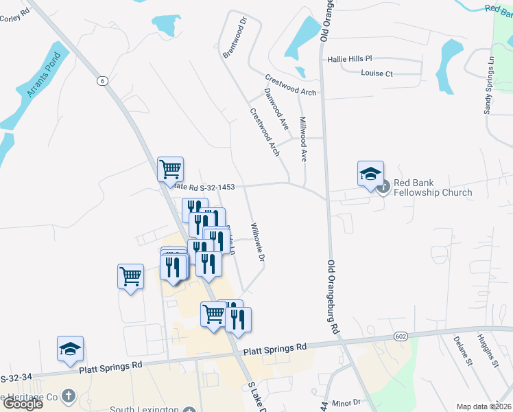 map of restaurants, bars, coffee shops, grocery stores, and more near 109 Wilhowie Drive in Lexington