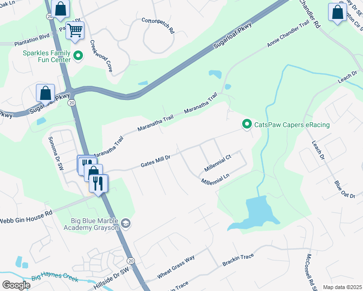 map of restaurants, bars, coffee shops, grocery stores, and more near 191 Gates Mill Drive in Lawrenceville
