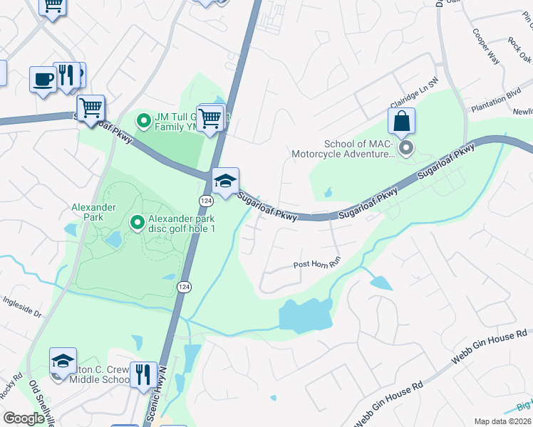 map of restaurants, bars, coffee shops, grocery stores, and more near 1045 Mosscroft Court in Lawrenceville