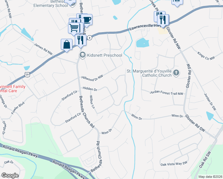 map of restaurants, bars, coffee shops, grocery stores, and more near 3043 Howell Court Northwest in Lawrenceville