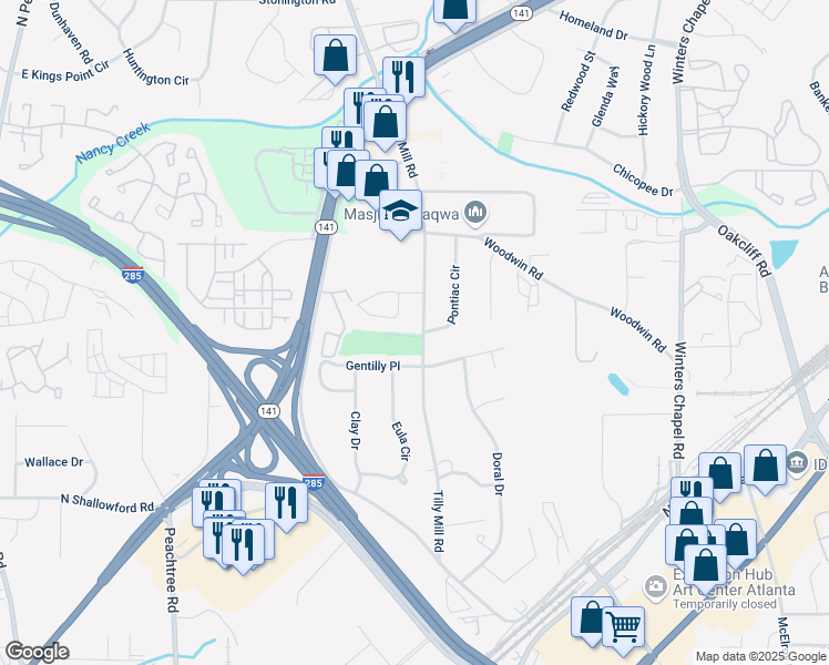 map of restaurants, bars, coffee shops, grocery stores, and more near 4160 Tilly Mill Road in Doraville