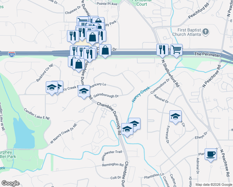 map of restaurants, bars, coffee shops, grocery stores, and more near 1869 Gainsborough Drive in Atlanta