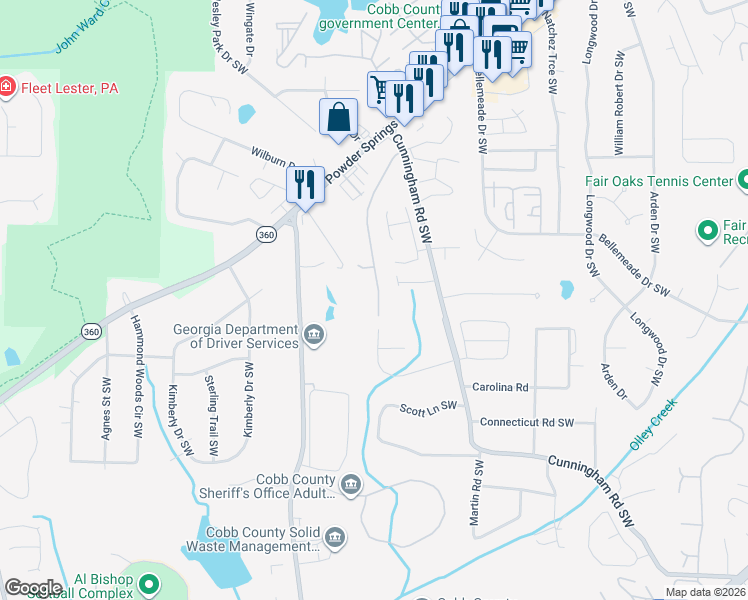 map of restaurants, bars, coffee shops, grocery stores, and more near 1398 Westward Drive Southwest in Marietta
