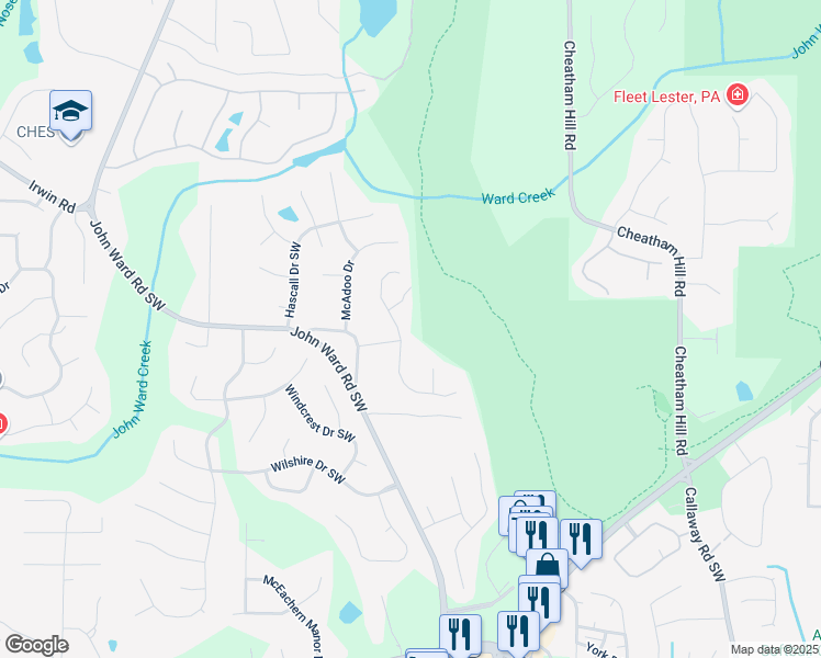 map of restaurants, bars, coffee shops, grocery stores, and more near 1523 Fallen Leaf Drive Southwest in Marietta