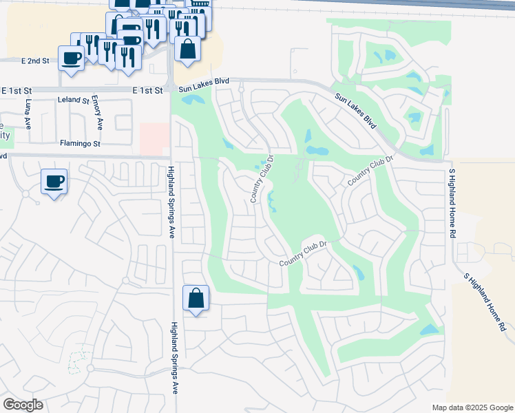 map of restaurants, bars, coffee shops, grocery stores, and more near 1021 Laguna Seca Court in Banning