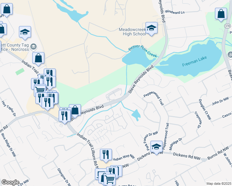map of restaurants, bars, coffee shops, grocery stores, and more near 1205 Oak Loch Trace in Norcross