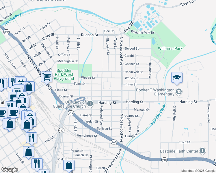 map of restaurants, bars, coffee shops, grocery stores, and more near 611 Flood Street in Wichita Falls
