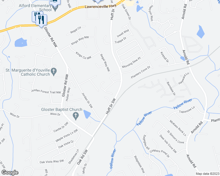 map of restaurants, bars, coffee shops, grocery stores, and more near 2622 Gloster Mill Drive Southwest in Lawrenceville