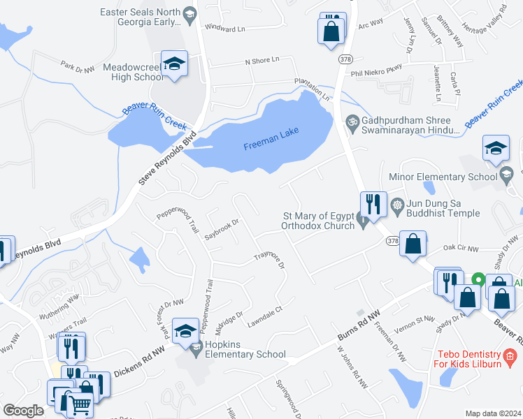 map of restaurants, bars, coffee shops, grocery stores, and more near 1206 Brockdell Court in Norcross